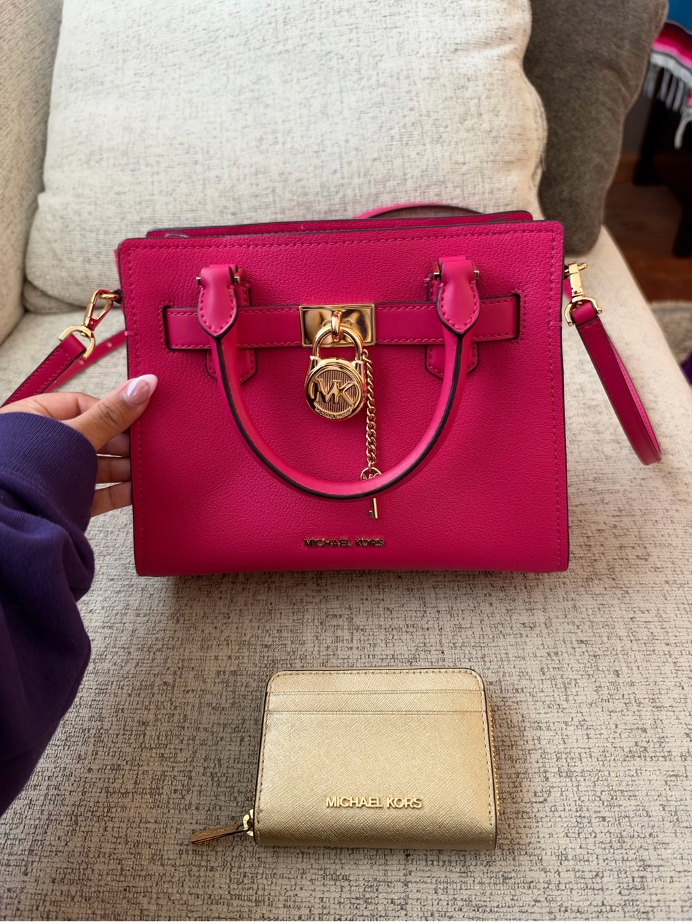 Michael Kors Pink Leather Satchel with gold wallet